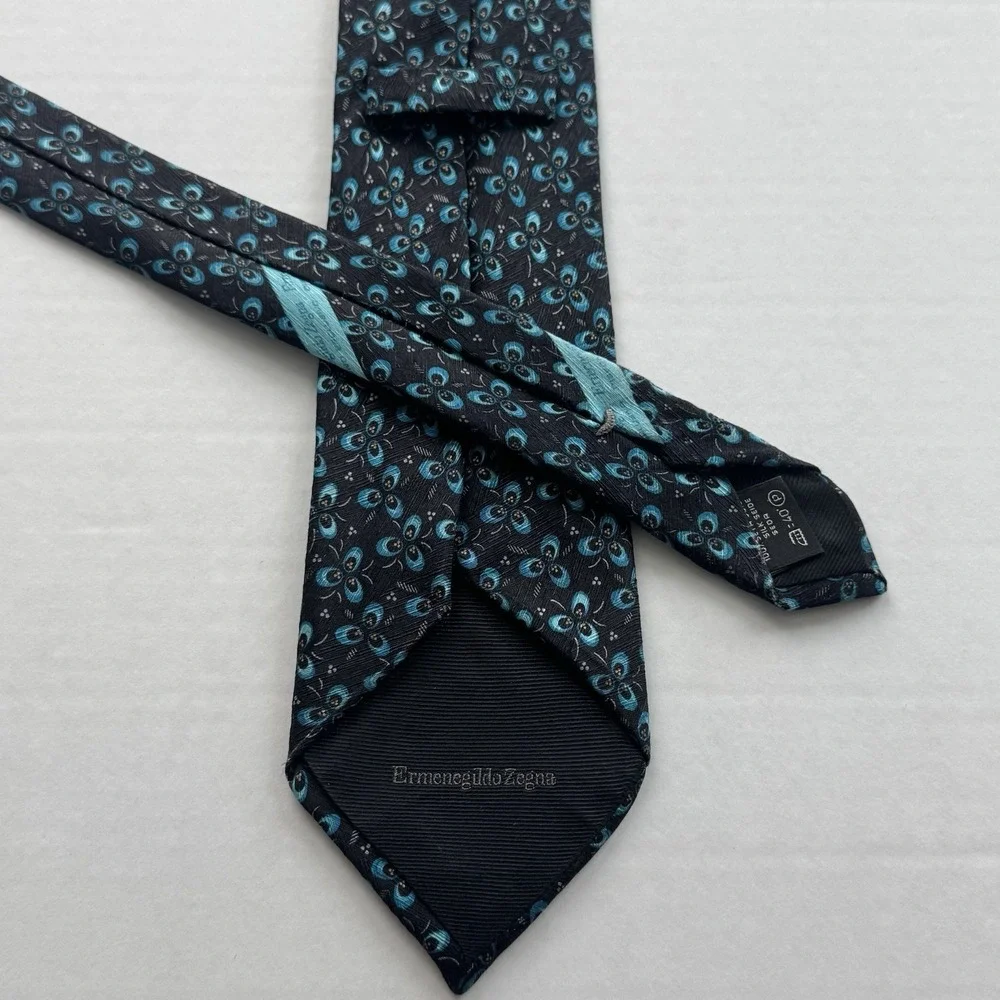 Ermenegildo Zegna Tie Men's Black Teal Geometric Floral Silk Designer Necktie